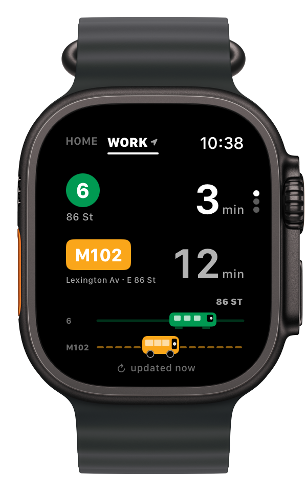 OliveGo on Apple Watch Ultra 3: the 6 train arrives in 3 minutes, ahead of the M102 bus in 12 minutes