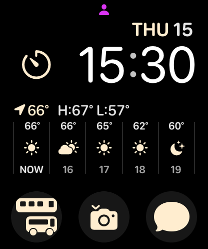 Apple Watch face with the OliveGo complication: a train and bus icon that opens the app